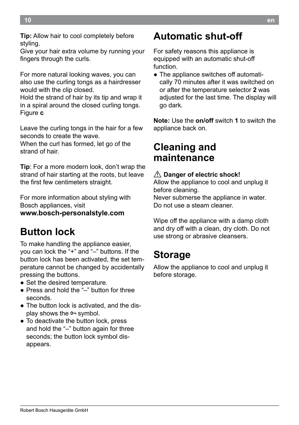 Button lock, Automatic shut-off, Cleaning and maintenance | Storage | Bosch PHC9790 Lockenstab ProSalon Big Hair User Manual | Page 12 / 108