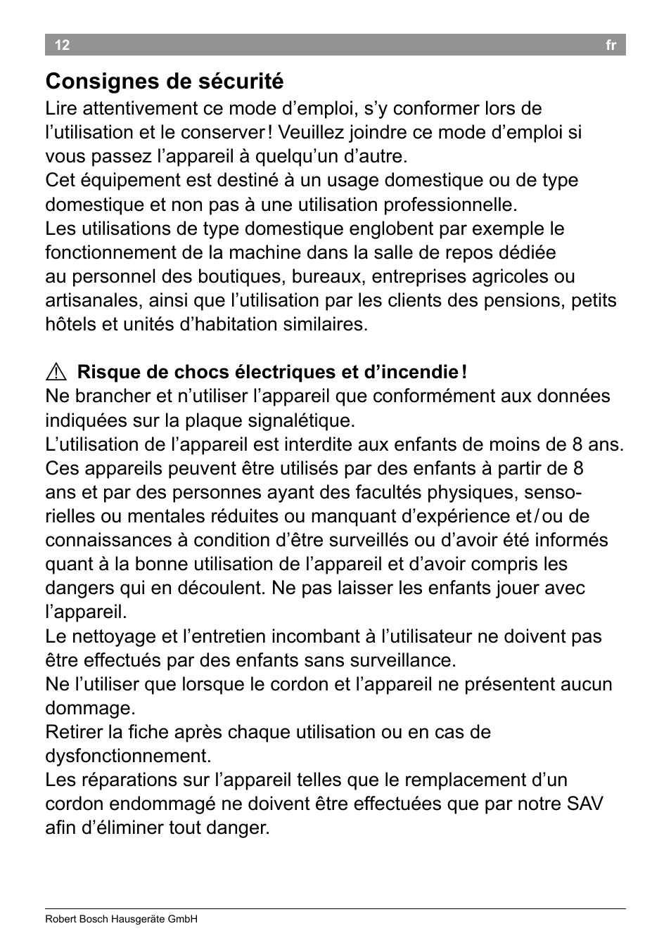 Consignes de sécurité | Bosch PHC9790 Lockenstab ProSalon Big Hair User Manual | Page 14 / 108