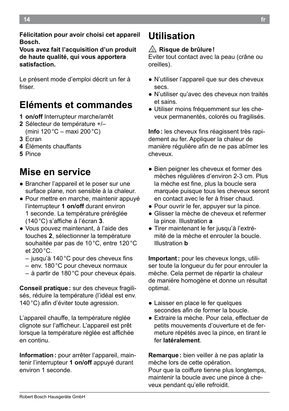 Eléments et commandes, Mise en service, Utilisation | Bosch PHC9790 Lockenstab ProSalon Big Hair User Manual | Page 16 / 108