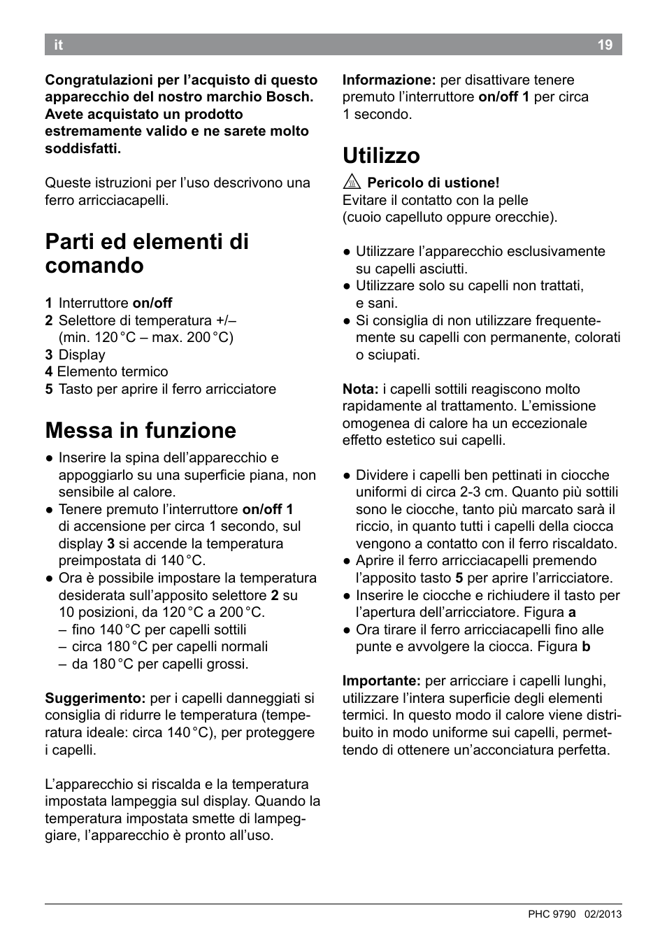 Parti ed elementi di comando, Messa in funzione, Utilizzo | Bosch PHC9790 Lockenstab ProSalon Big Hair User Manual | Page 21 / 108