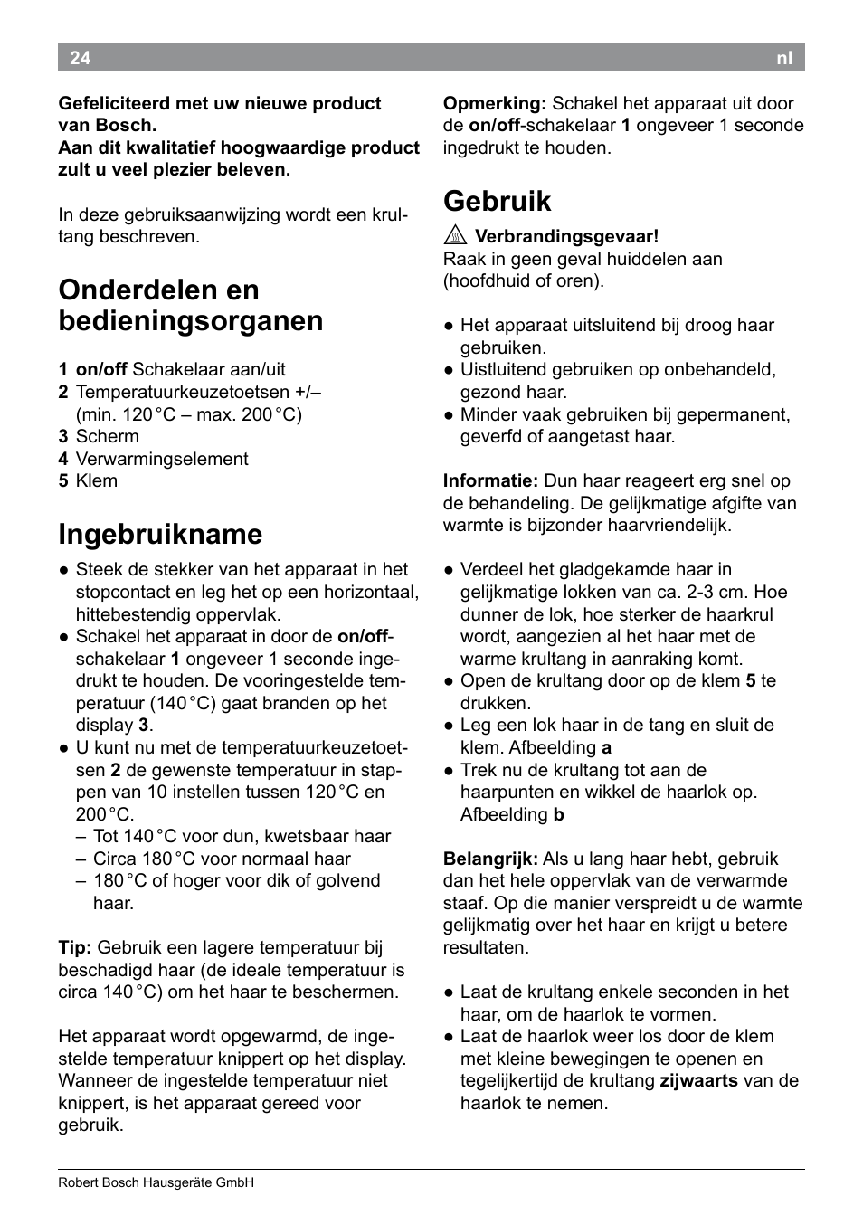 Onderdelen en bedieningsorganen, Ingebruikname, Gebruik | Bosch PHC9790 Lockenstab ProSalon Big Hair User Manual | Page 26 / 108