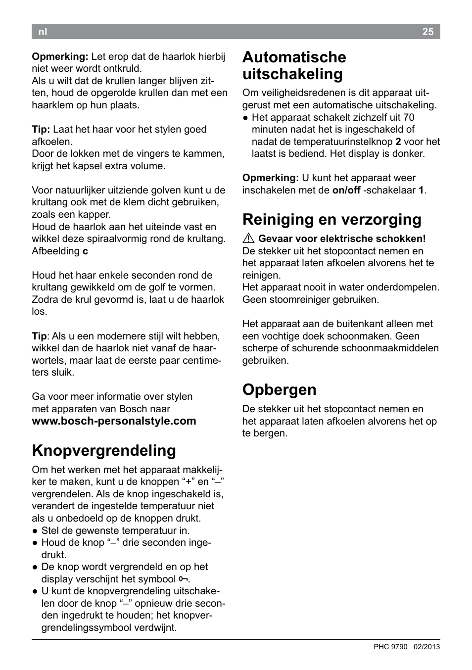 Knopvergrendeling, Automatische uitschakeling, Reiniging en verzorging | Opbergen | Bosch PHC9790 Lockenstab ProSalon Big Hair User Manual | Page 27 / 108