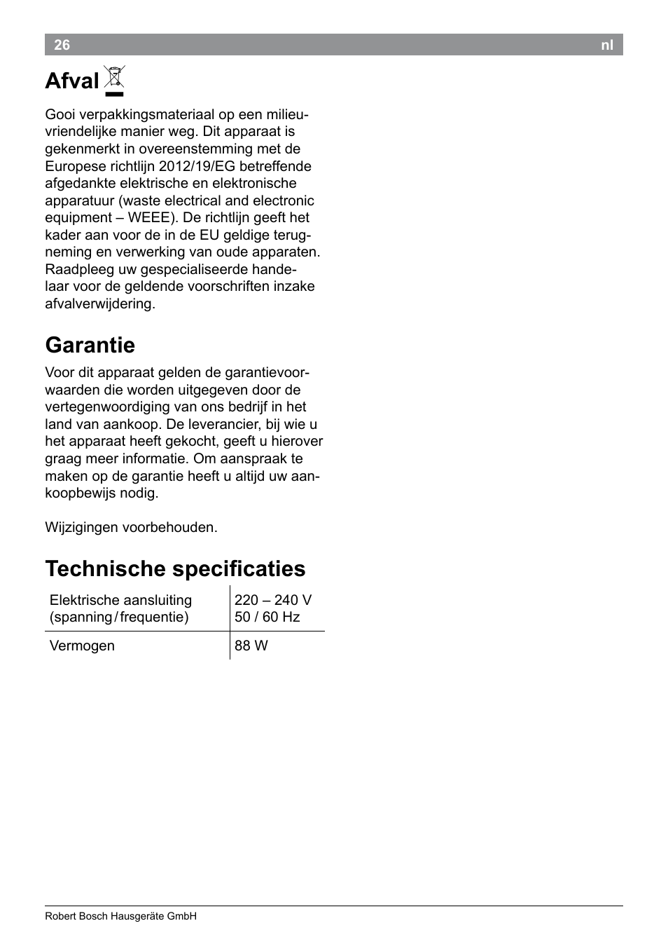 Afval, Garantie, Technische specificaties | Bosch PHC9790 Lockenstab ProSalon Big Hair User Manual | Page 28 / 108