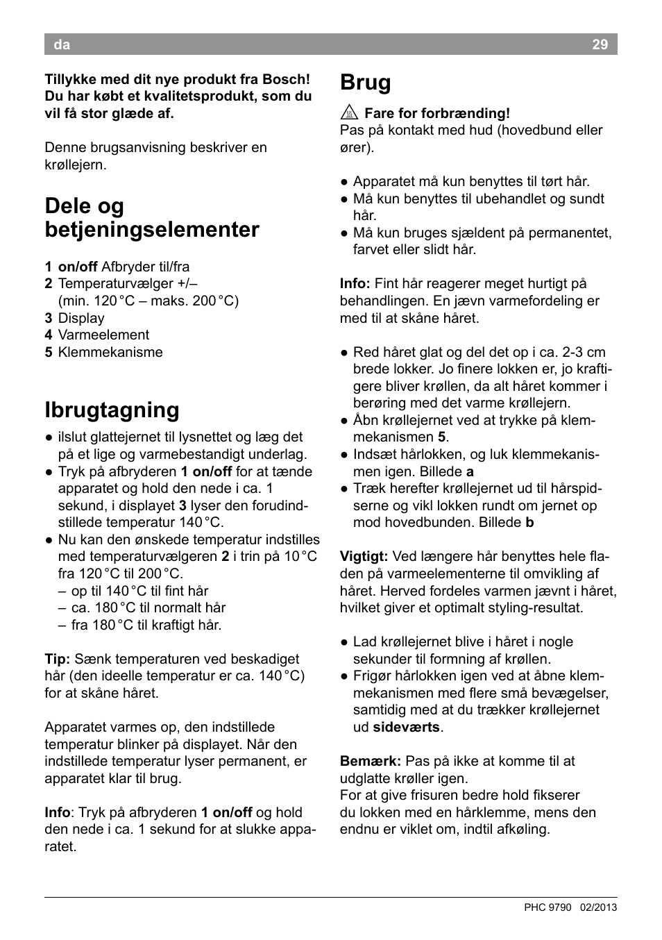 Dele og betjeningselementer, Ibrugtagning, Brug | Bosch PHC9790 Lockenstab ProSalon Big Hair User Manual | Page 31 / 108