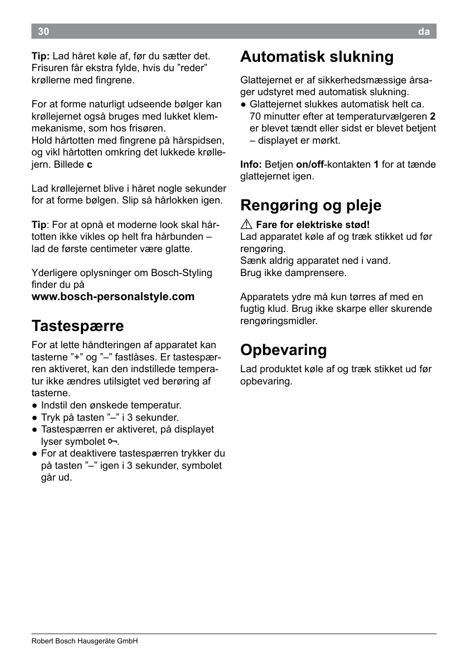 Tastespærre, Automatisk slukning, Rengøring og pleje | Opbevaring | Bosch PHC9790 Lockenstab ProSalon Big Hair User Manual | Page 32 / 108