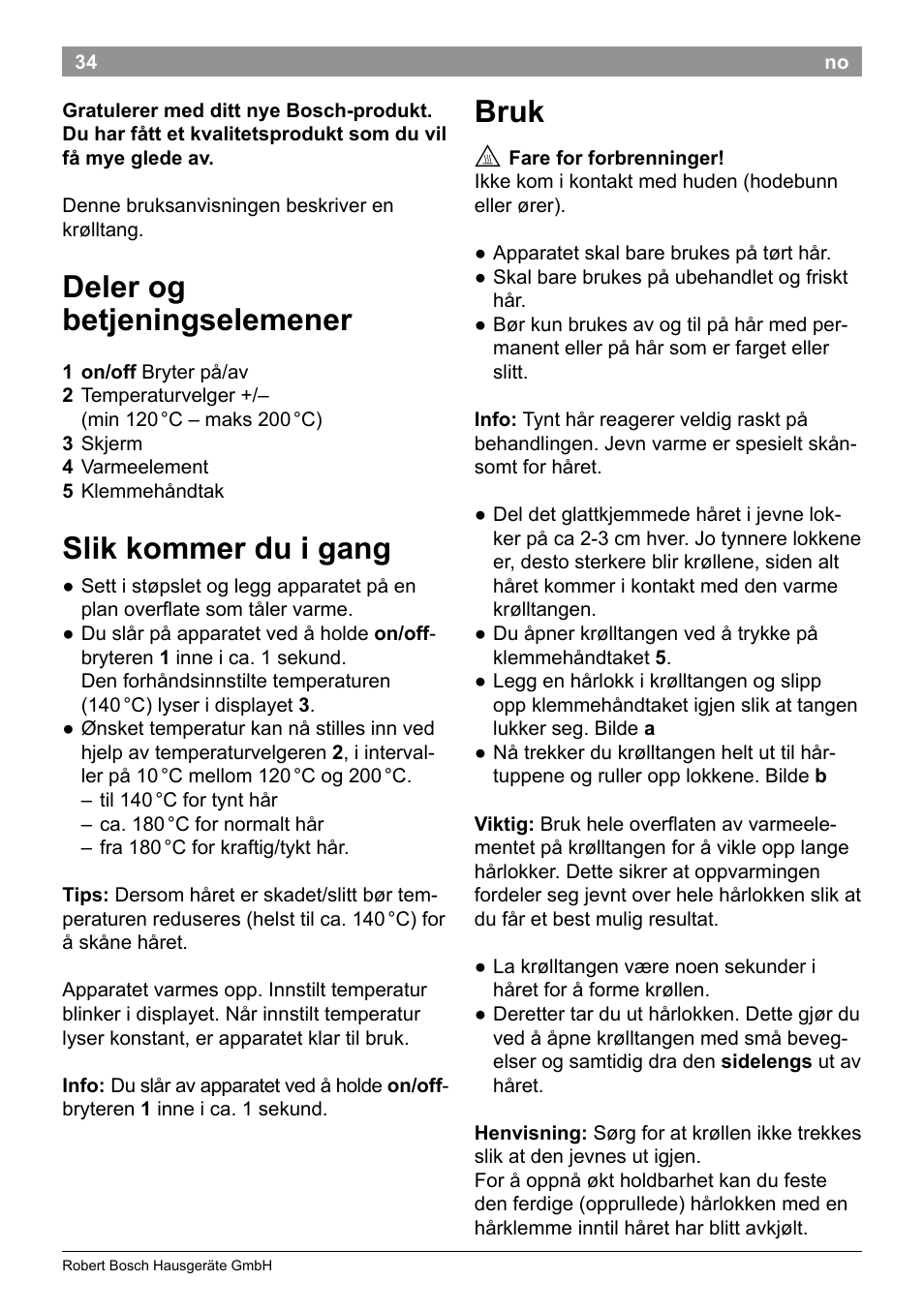 Deler og betjeningselemener, Slik kommer du i gang, Bruk | Bosch PHC9790 Lockenstab ProSalon Big Hair User Manual | Page 36 / 108