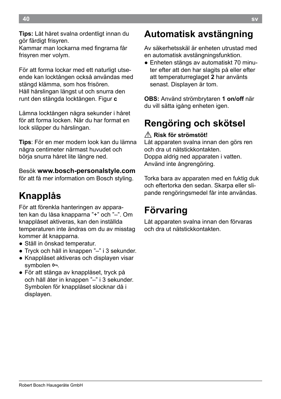 Knapplås, Automatisk avstängning, Rengöring och skötsel | Förvaring | Bosch PHC9790 Lockenstab ProSalon Big Hair User Manual | Page 42 / 108