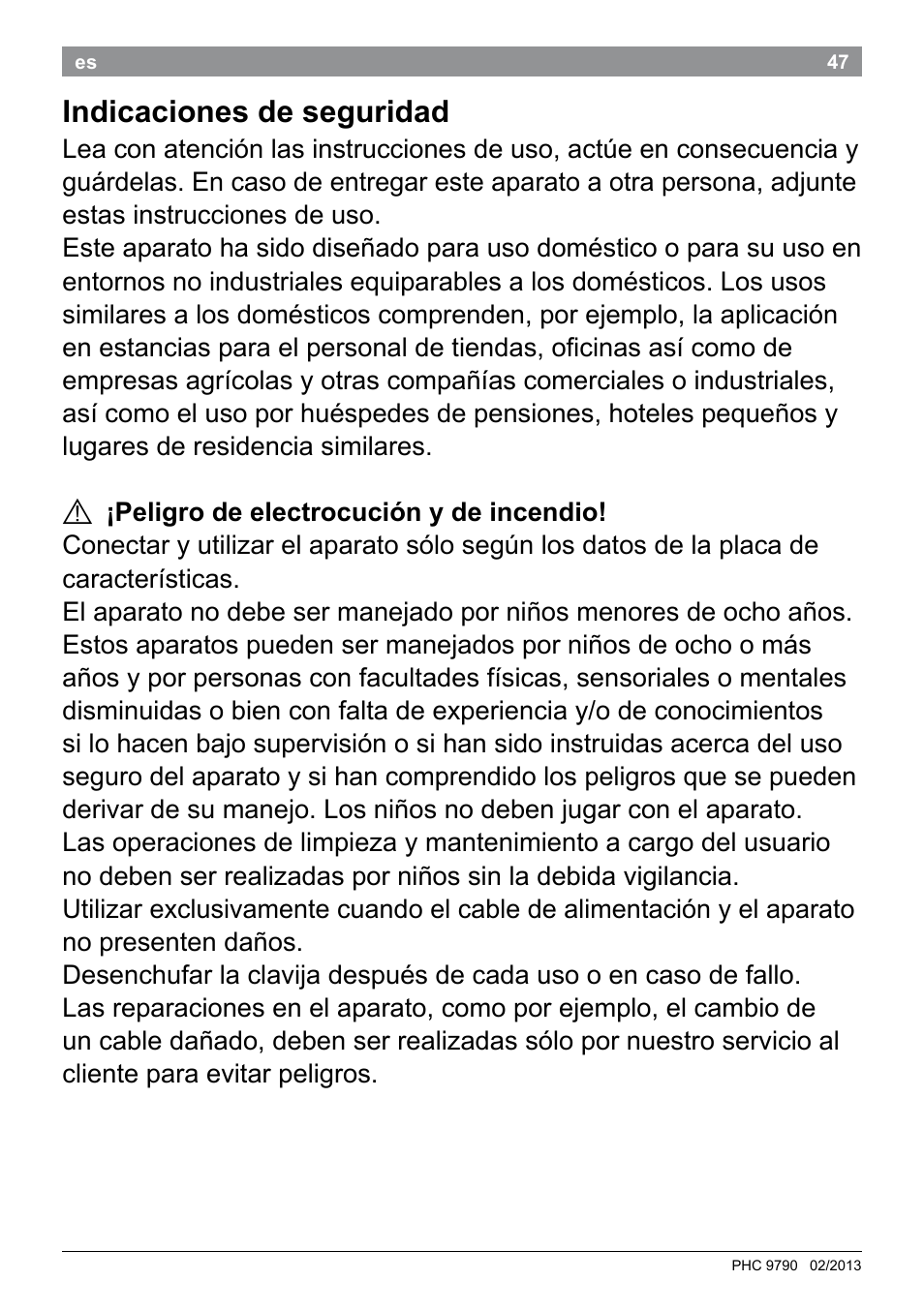 Indicaciones de seguridad | Bosch PHC9790 Lockenstab ProSalon Big Hair User Manual | Page 49 / 108