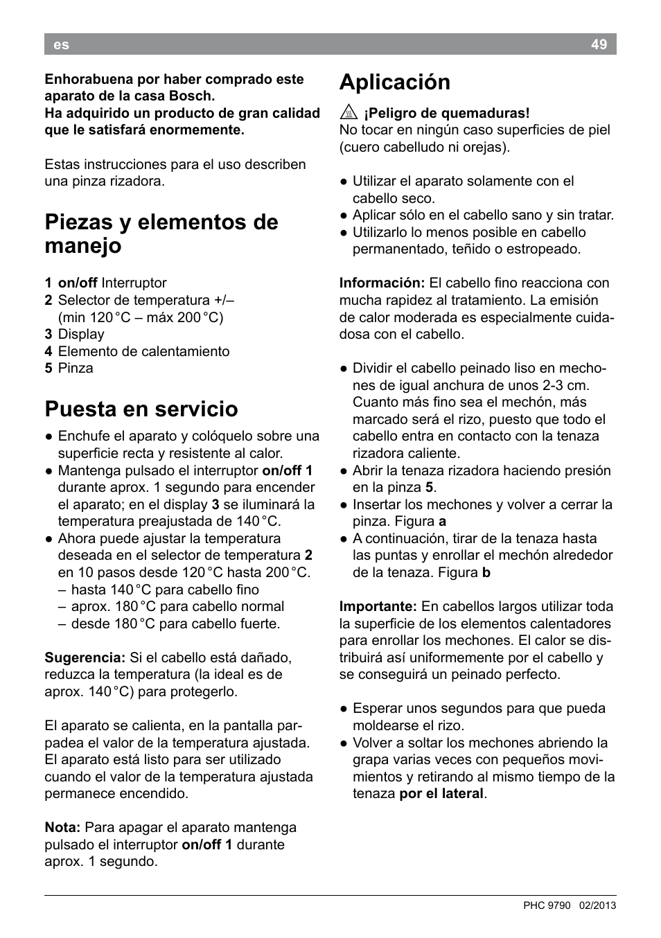 Piezas y elementos de manejo, Puesta en servicio, Aplicación | Bosch PHC9790 Lockenstab ProSalon Big Hair User Manual | Page 51 / 108