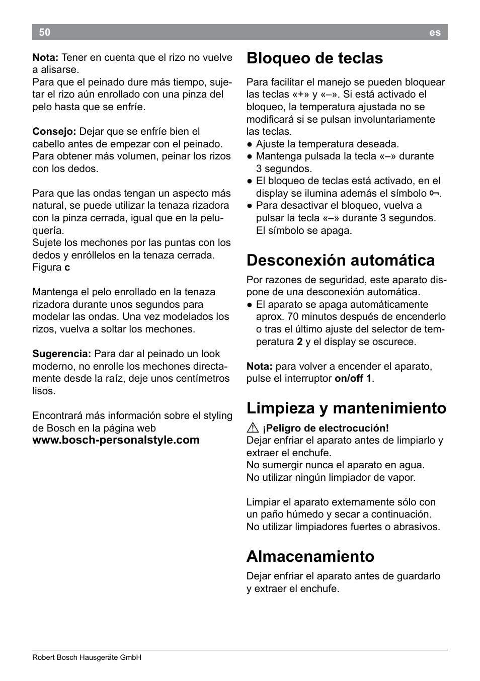 Bloqueo de teclas, Desconexión automática, Limpieza y mantenimiento | Almacenamiento | Bosch PHC9790 Lockenstab ProSalon Big Hair User Manual | Page 52 / 108