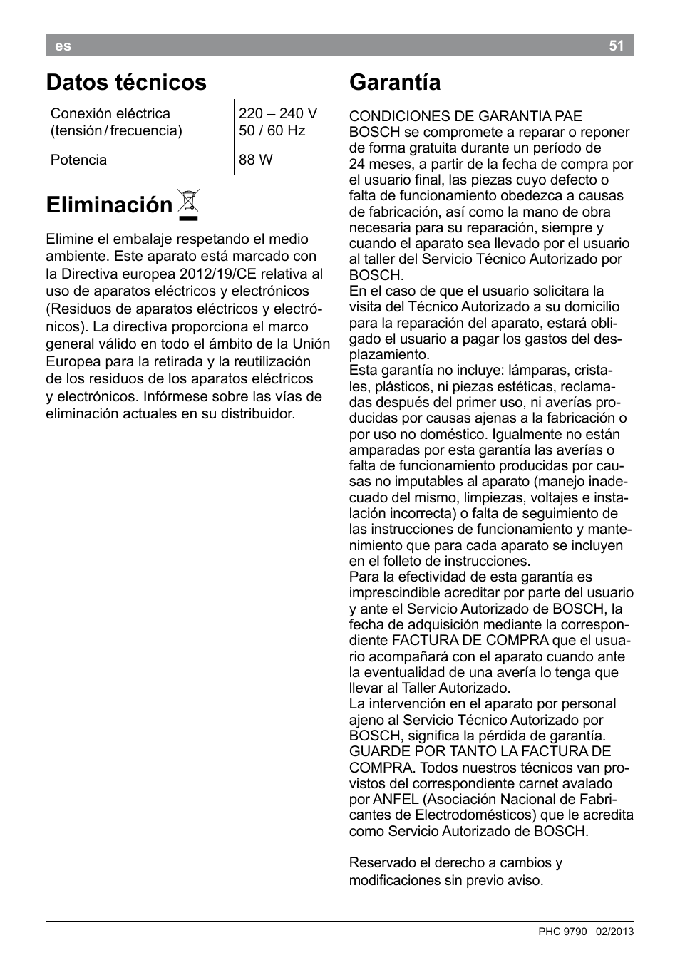 Garantía, Datos técnicos, Eliminación | Bosch PHC9790 Lockenstab ProSalon Big Hair User Manual | Page 53 / 108