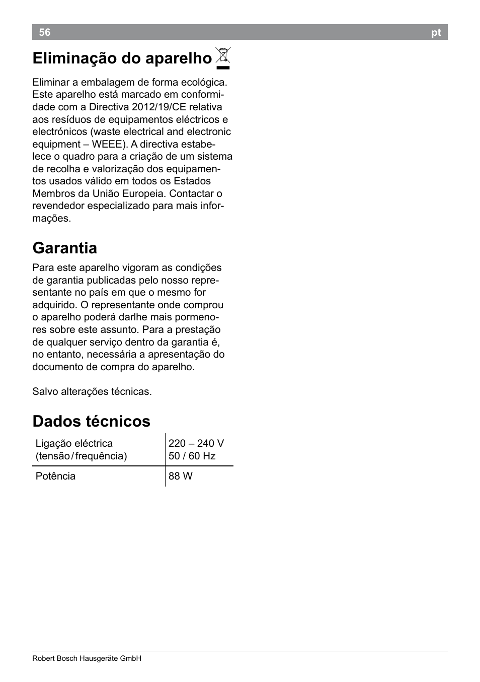 Eliminação do aparelho, Garantia, Dados técnicos | Bosch PHC9790 Lockenstab ProSalon Big Hair User Manual | Page 58 / 108