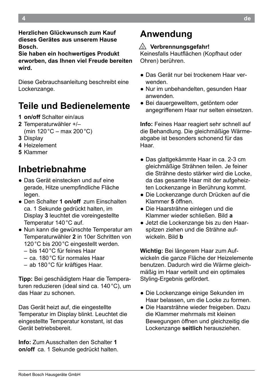 Teile und bedienelemente, Inbetriebnahme, Anwendung | Bosch PHC9790 Lockenstab ProSalon Big Hair User Manual | Page 6 / 108