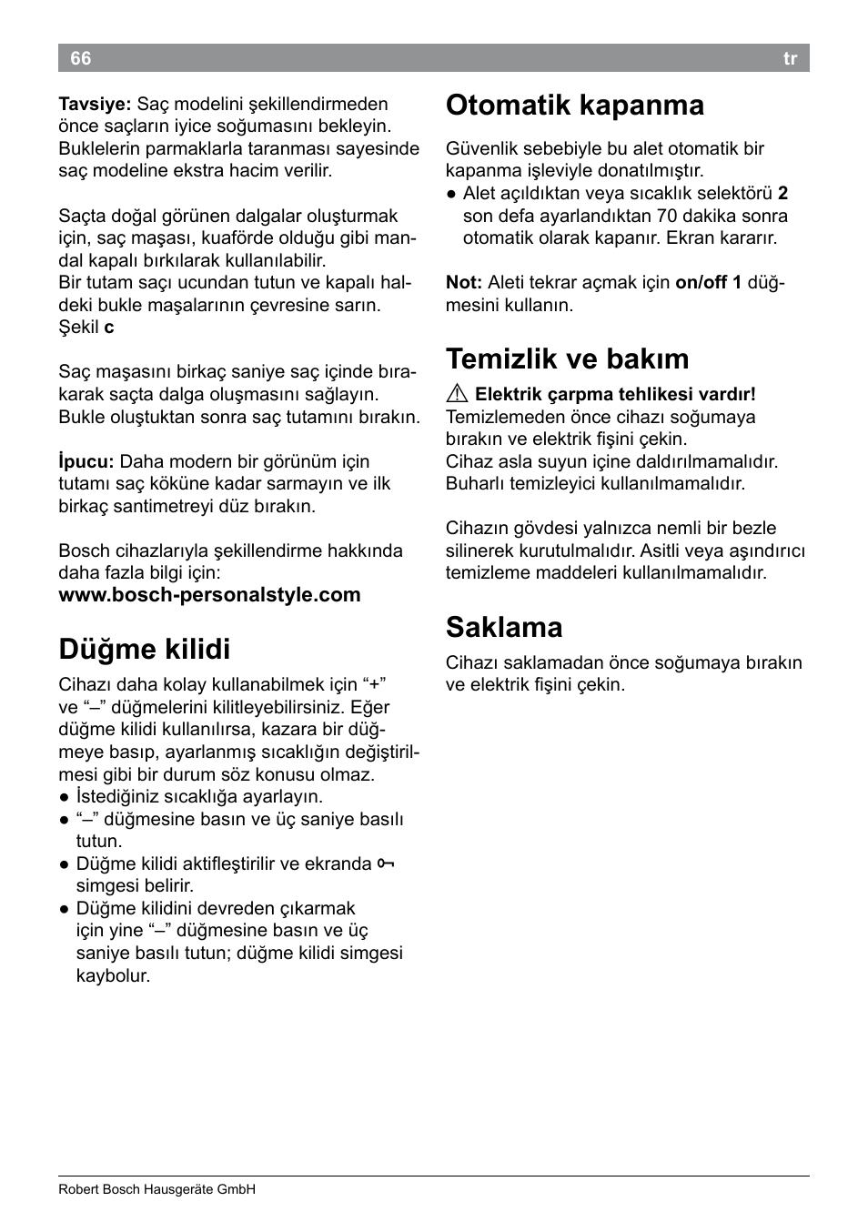 Düğme kilidi, Otomatik kapanma, Temizlik ve bakım | Saklama | Bosch PHC9790 Lockenstab ProSalon Big Hair User Manual | Page 68 / 108