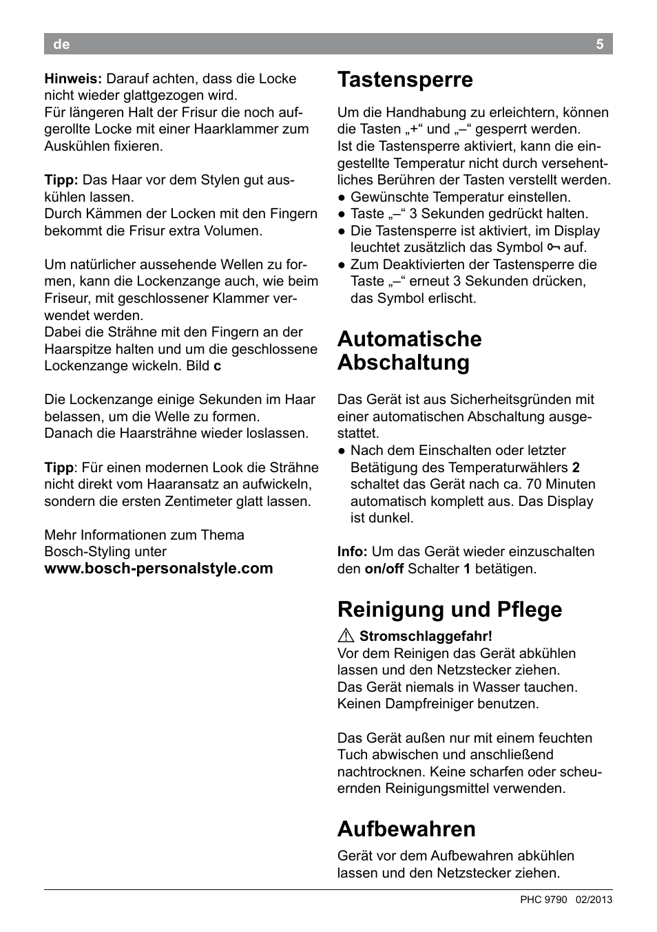 Tastensperre, Automatische abschaltung, Reinigung und pflege | Aufbewahren | Bosch PHC9790 Lockenstab ProSalon Big Hair User Manual | Page 7 / 108