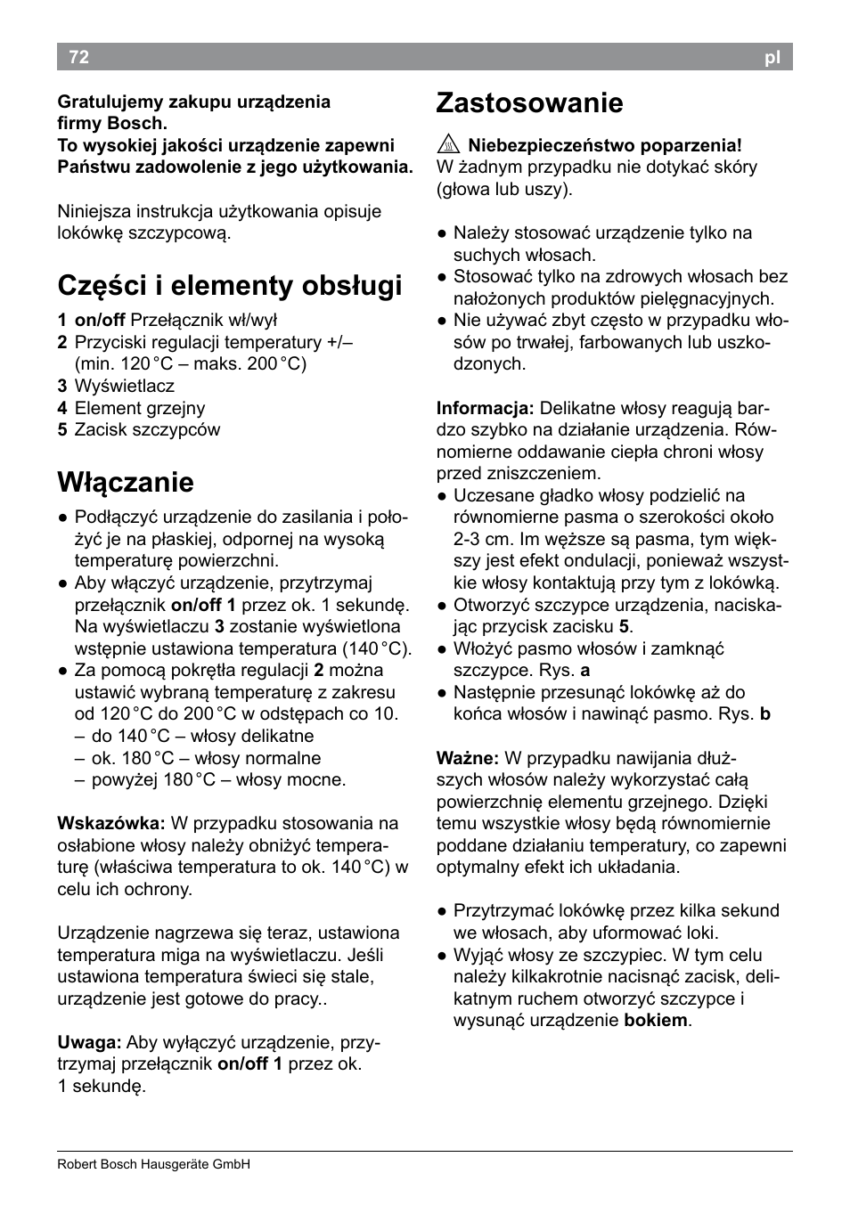 Części i elementy obsługi, Włączanie, Zastosowanie | Bosch PHC9790 Lockenstab ProSalon Big Hair User Manual | Page 74 / 108