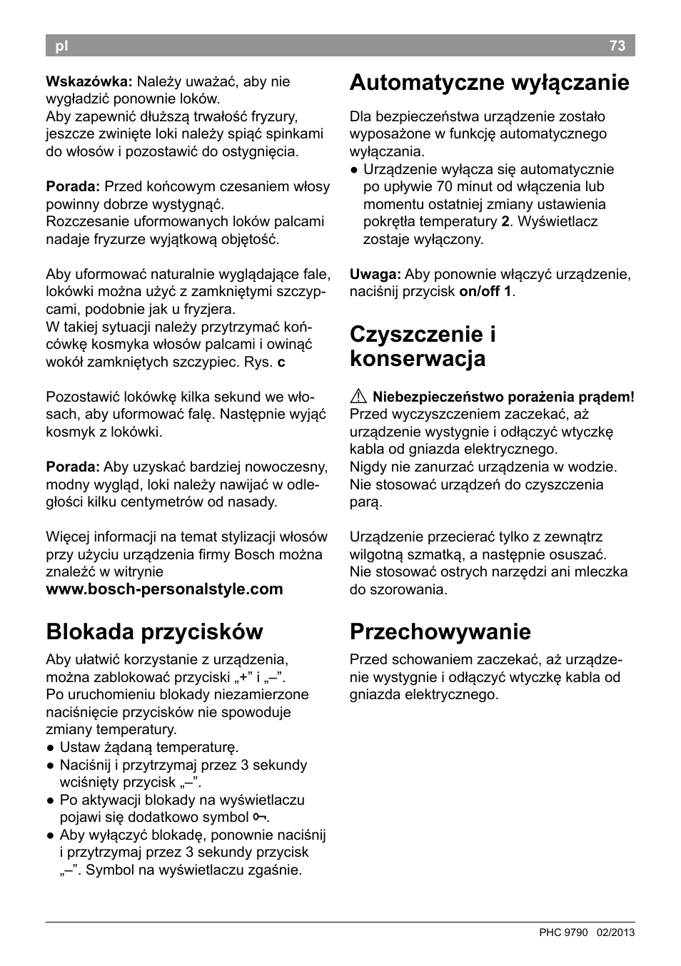 Blokada przycisków, Automatyczne wyłączanie, Czyszczenie i konserwacja | Przechowywanie | Bosch PHC9790 Lockenstab ProSalon Big Hair User Manual | Page 75 / 108