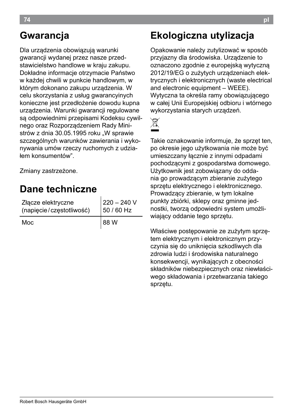 Gwarancja, Dane techniczne, Ekologiczna utylizacja | Bosch PHC9790 Lockenstab ProSalon Big Hair User Manual | Page 76 / 108