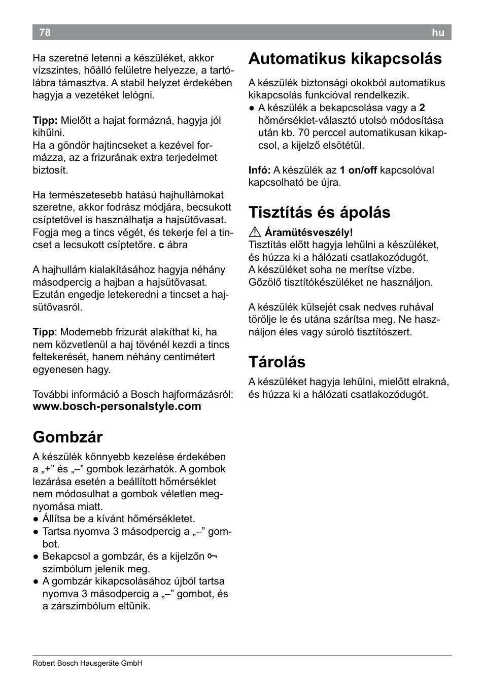 Automatikus kikapcsolás, Tisztítás és ápolás, Tárolás | Gombzár | Bosch PHC9790 Lockenstab ProSalon Big Hair User Manual | Page 80 / 108