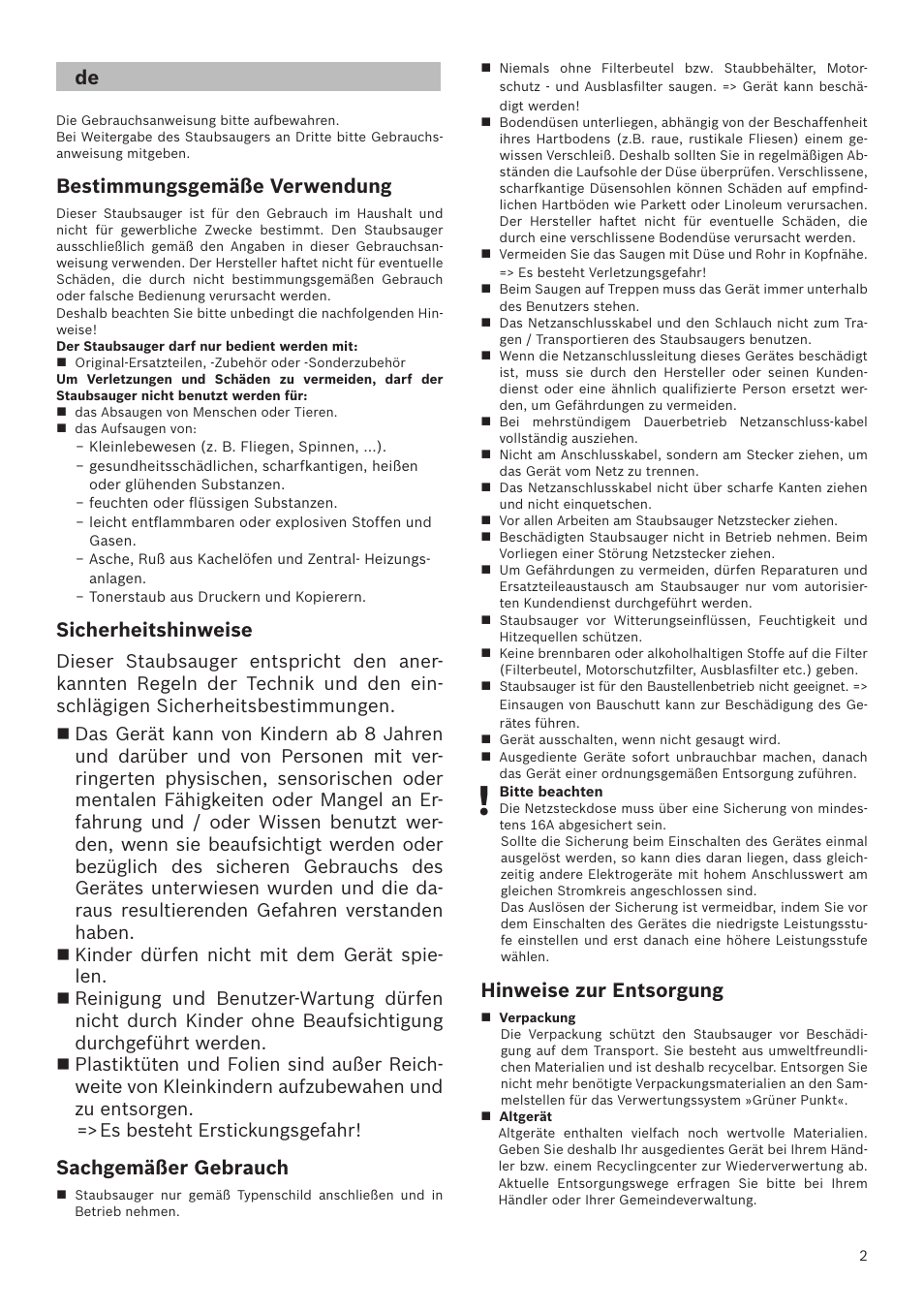 Bestimmungsgemäße verwendung, Sicherheitshinweise, Sachgemäßer gebrauch | Hinweise zur entsorgung | Bosch GL-30 Bodenstaubsauger mit Staubbeutel BGL32200 nordkapblau-metallic User Manual | Page 2 / 45