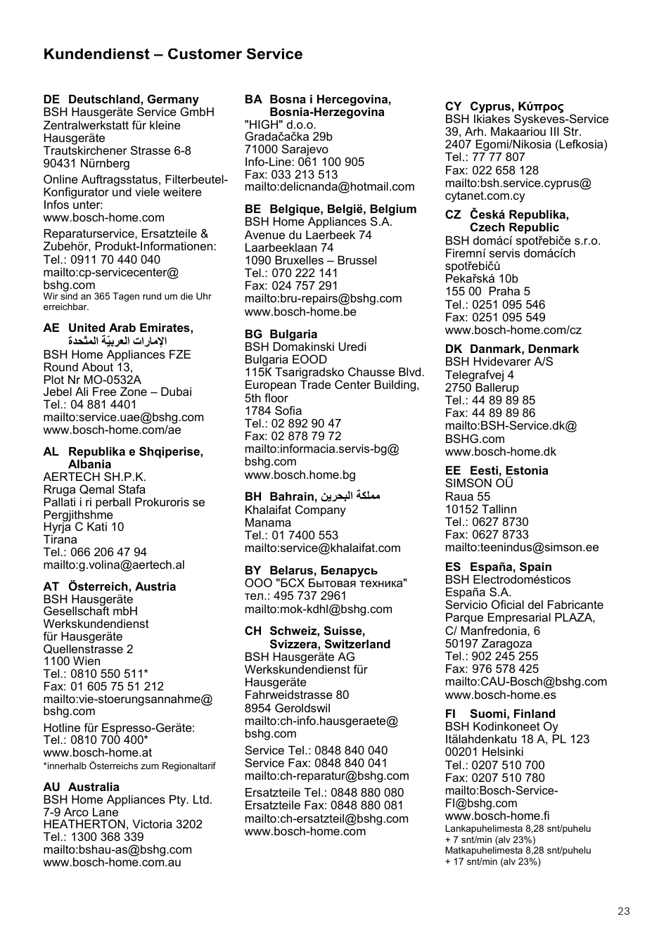 Kundendienst – customer service | Bosch GL-30 Bodenstaubsauger mit Staubbeutel BGL32200 nordkapblau-metallic User Manual | Page 23 / 45