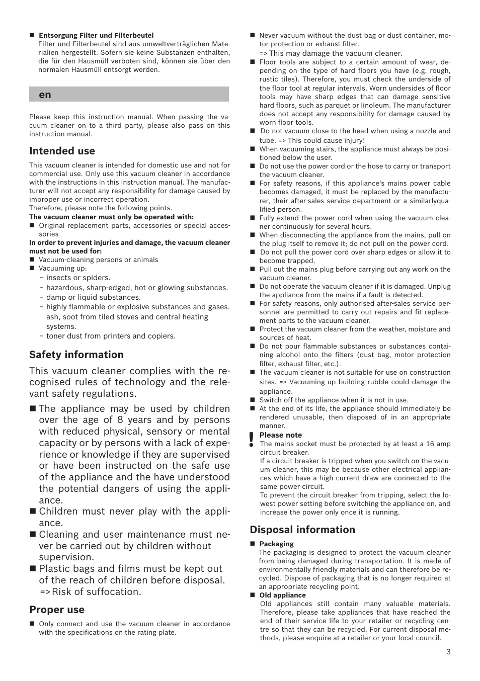 Intended use, Safety information, Proper use | Disposal information | Bosch GL-30 Bodenstaubsauger mit Staubbeutel BGL32200 nordkapblau-metallic User Manual | Page 3 / 45