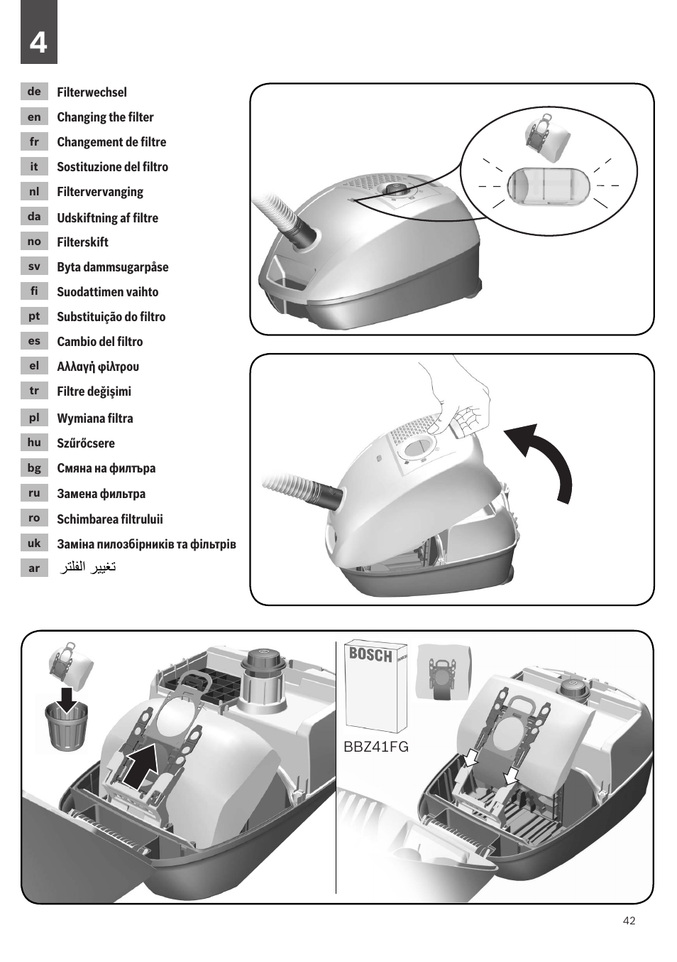 Bosch GL-30 Bodenstaubsauger mit Staubbeutel BGL32200 nordkapblau-metallic User Manual | Page 42 / 45