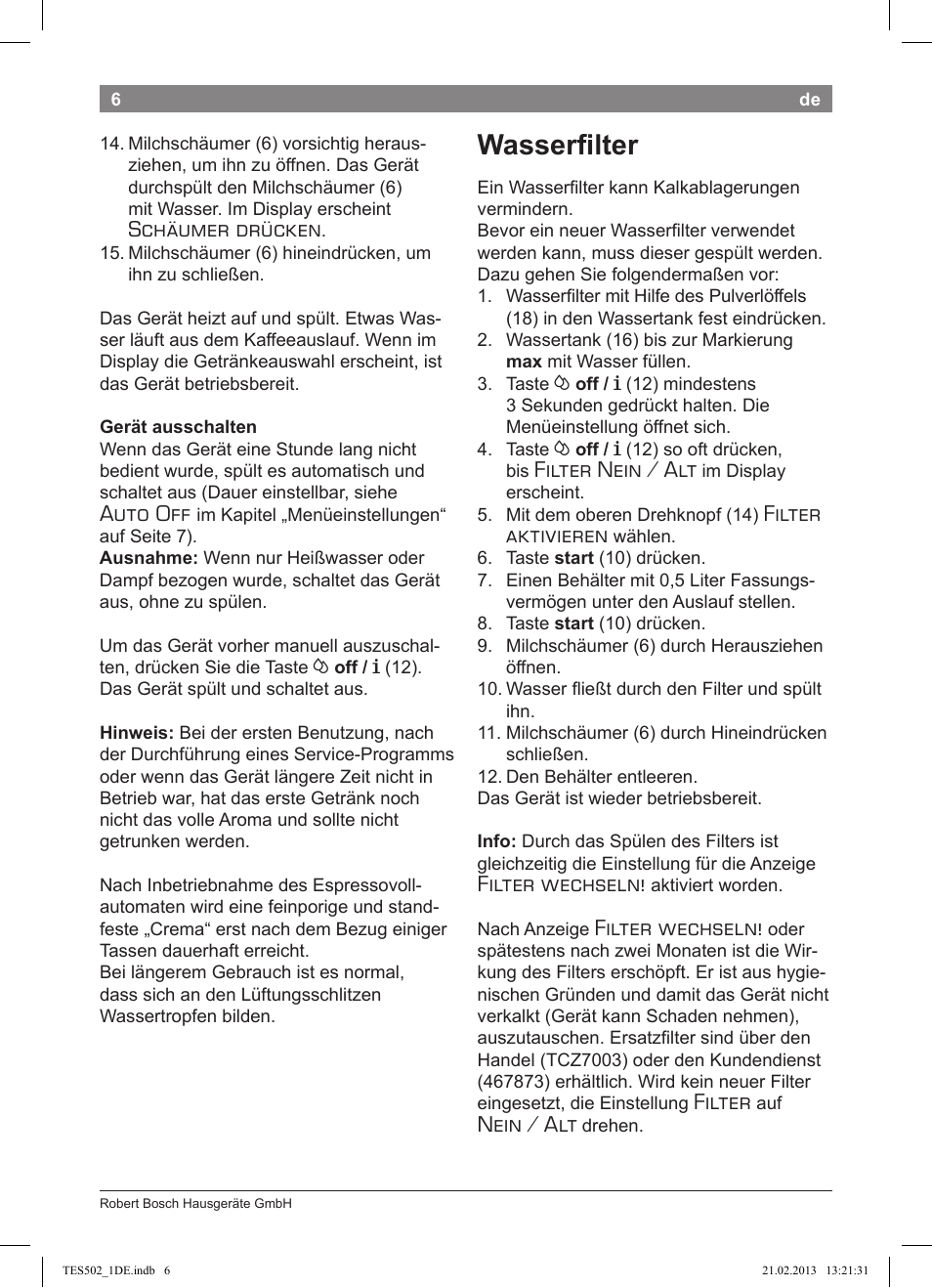 Wasserfilter, Schäumer drücken, Auto off | Filter, Nein / alt, Filter aktivieren, Filter wechseln | Bosch TES50251DE VeroCafe Kaffeevollautomat silber User Manual | Page 10 / 88