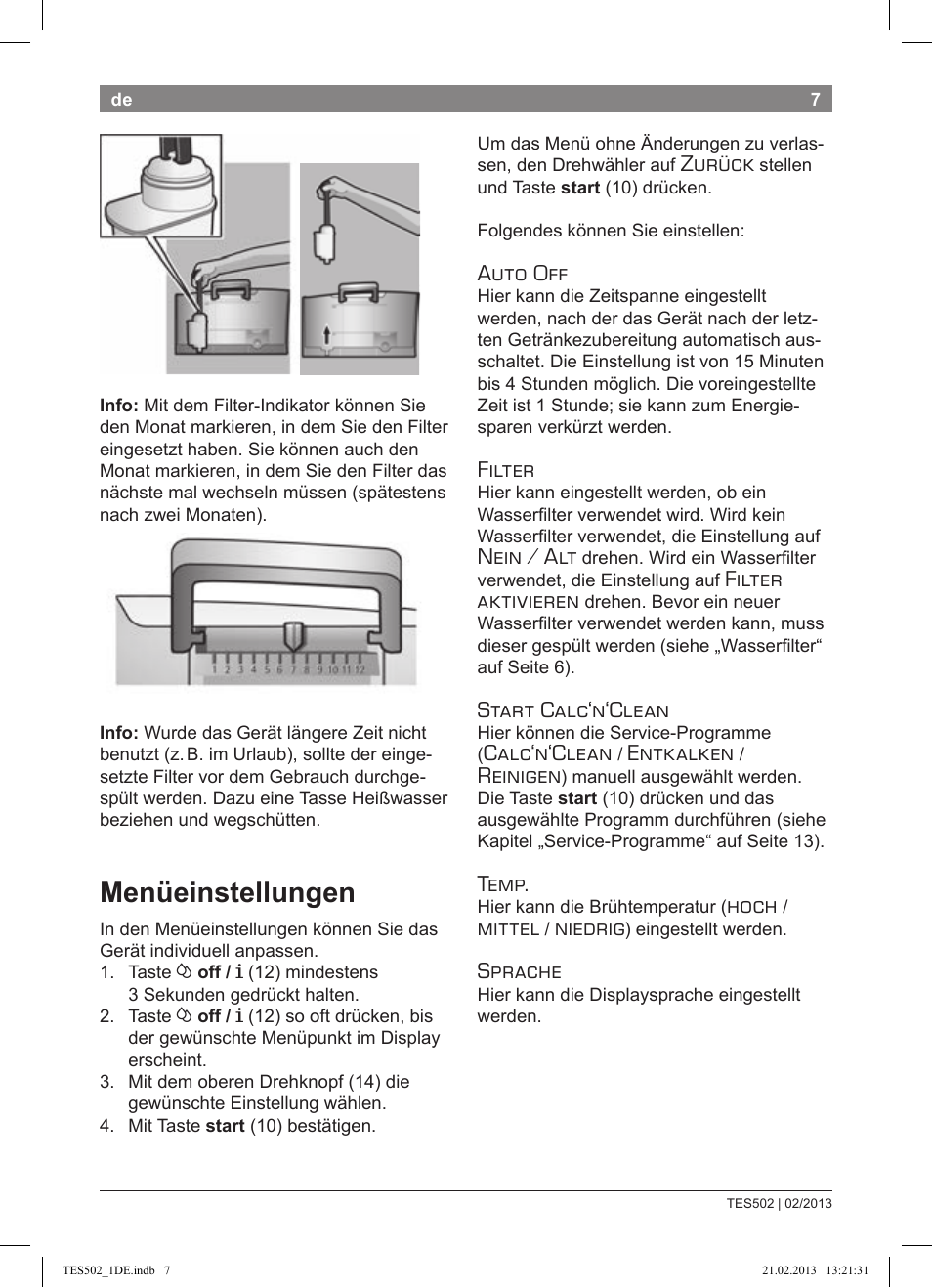 Menüeinstellungen, Zurück, Auto off | Filter, Nein / alt, Filter aktivieren, Start calc‘n‘clean, Calc‘n‘clean, Entkalken, Reinigen | Bosch TES50251DE VeroCafe Kaffeevollautomat silber User Manual | Page 11 / 88