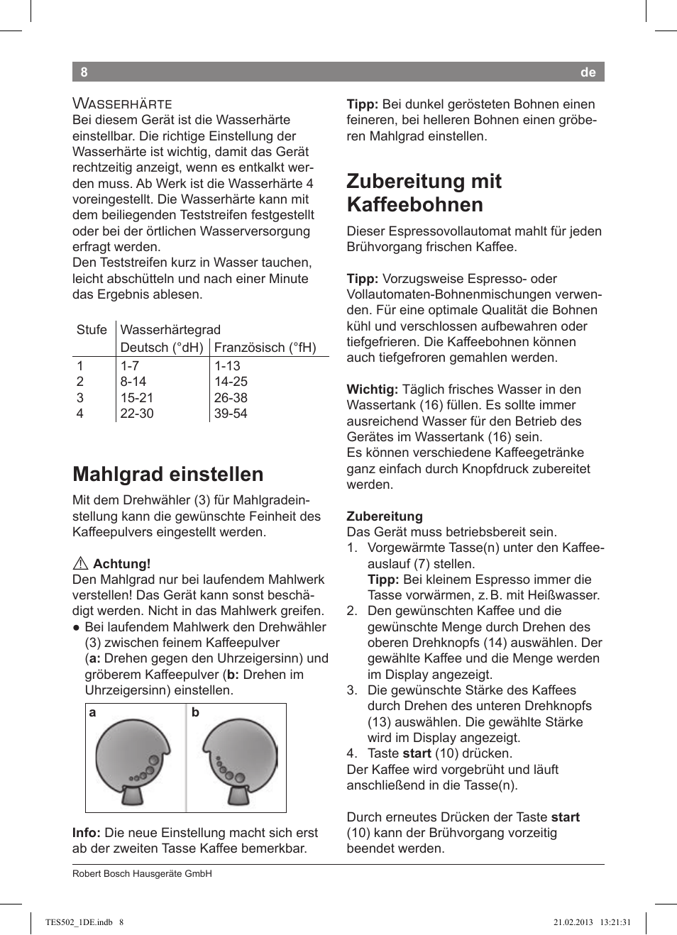 Mahlgrad einstellen, Zubereitung mit kaffeebohnen, Wasserhärte | Bosch TES50251DE VeroCafe Kaffeevollautomat silber User Manual | Page 12 / 88