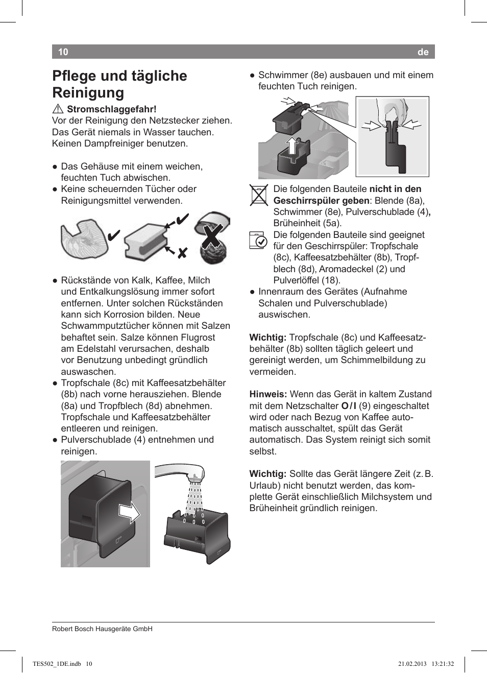 Pﬂ ege und tägliche reinigung | Bosch TES50251DE VeroCafe Kaffeevollautomat silber User Manual | Page 14 / 88
