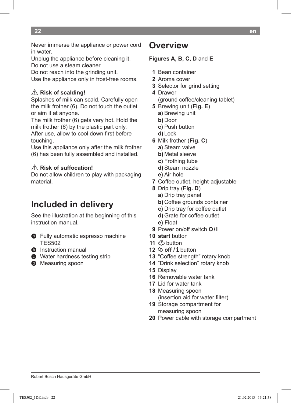 Overview, Included in delivery | Bosch TES50251DE VeroCafe Kaffeevollautomat silber User Manual | Page 26 / 88