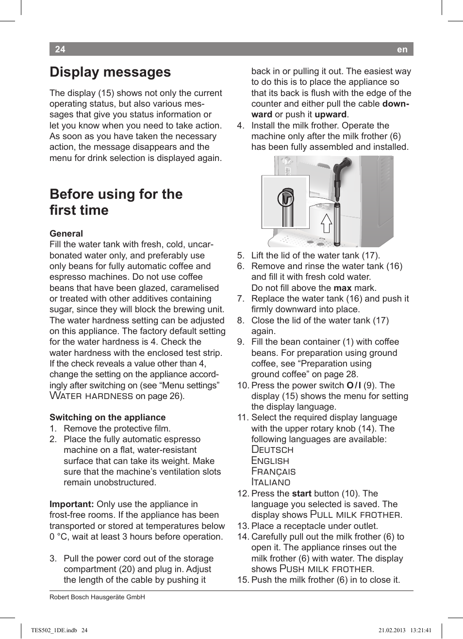 Display messages, Before using for the fi rst time, Water hardness | Deutsch english français italiano, Pull milk frother, Push milk frother | Bosch TES50251DE VeroCafe Kaffeevollautomat silber User Manual | Page 28 / 88