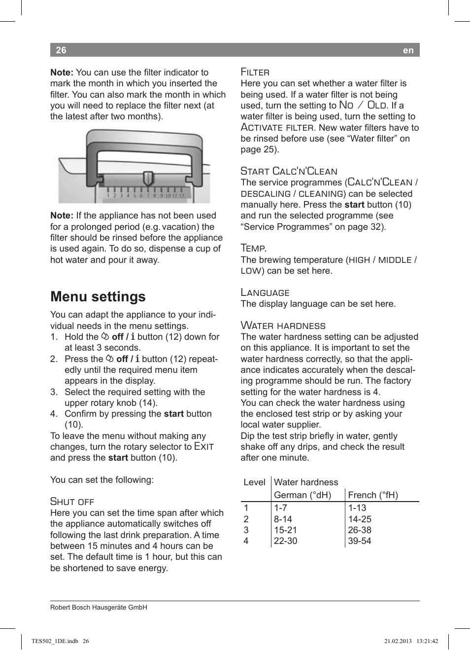 Menu settings, Exit, Shut off | Filter, No / old, Activate fi lter, Start calc‘n‘clean, Calc‘n‘clean, Descaling, Cleaning | Bosch TES50251DE VeroCafe Kaffeevollautomat silber User Manual | Page 30 / 88