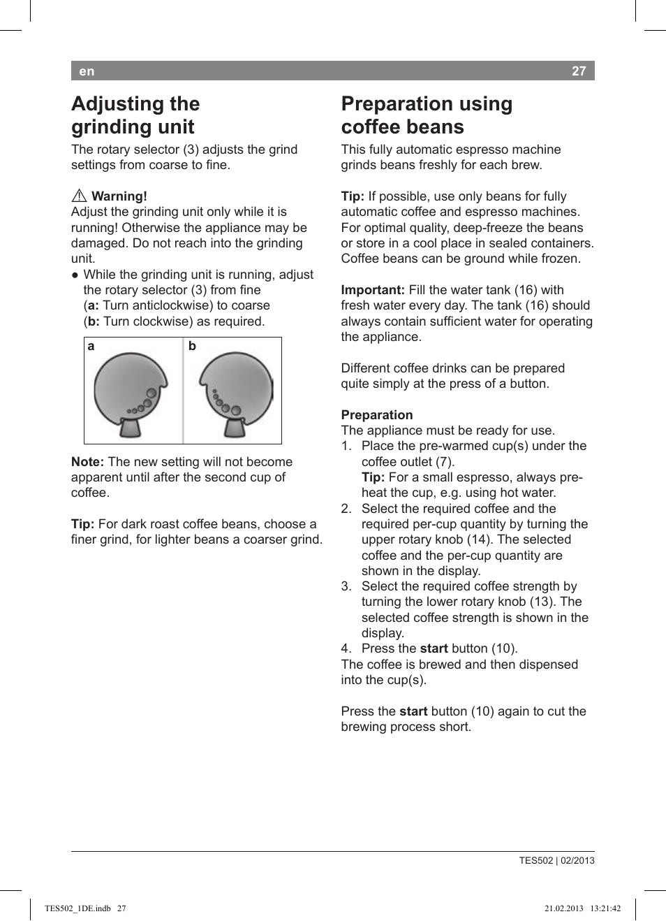 Adjusting the grinding unit, Preparation using coffee beans | Bosch TES50251DE VeroCafe Kaffeevollautomat silber User Manual | Page 31 / 88