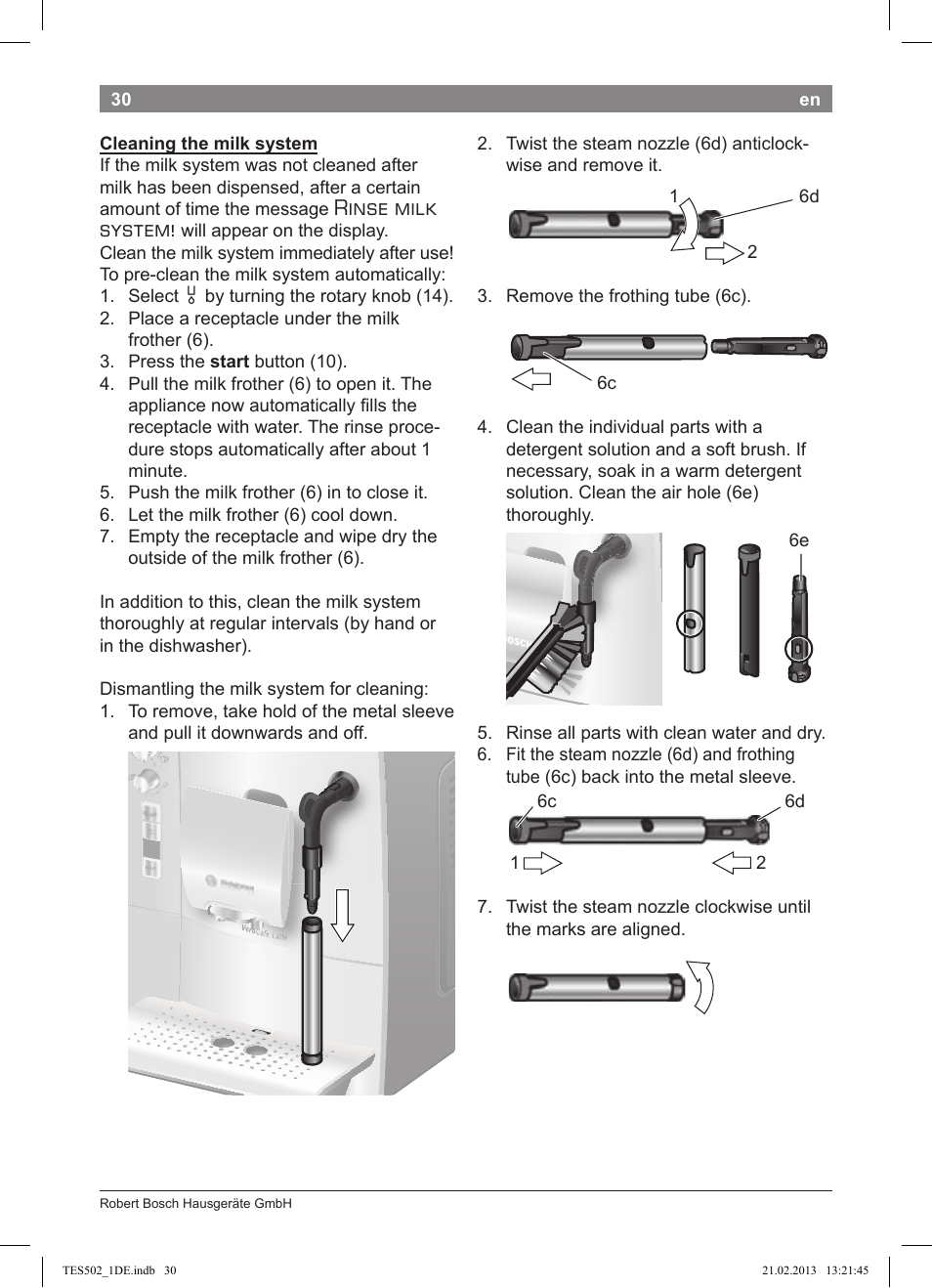 Rinse milk system | Bosch TES50251DE VeroCafe Kaffeevollautomat silber User Manual | Page 34 / 88