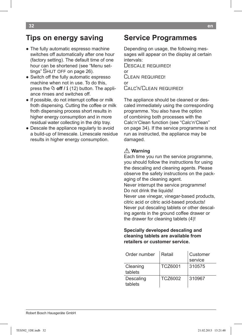 Tips on energy saving, Service programmes, Shut off | Descale required, Clean required, Calc‘n‘clean required | Bosch TES50251DE VeroCafe Kaffeevollautomat silber User Manual | Page 36 / 88
