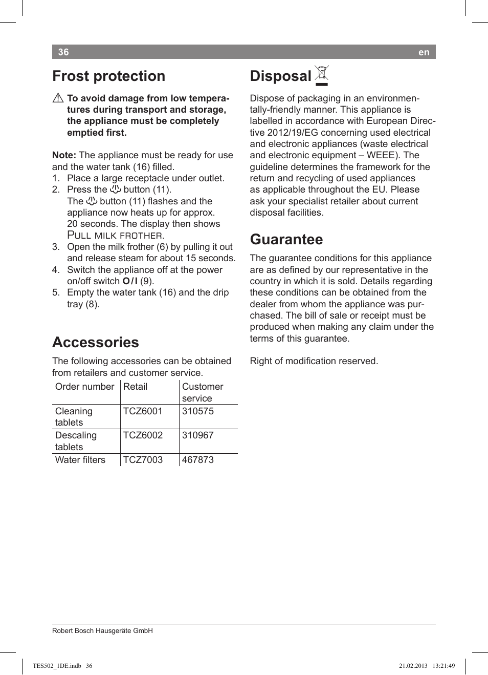 Frost protection, Accessories, Disposal | Guarantee, Pull milk frother | Bosch TES50251DE VeroCafe Kaffeevollautomat silber User Manual | Page 40 / 88