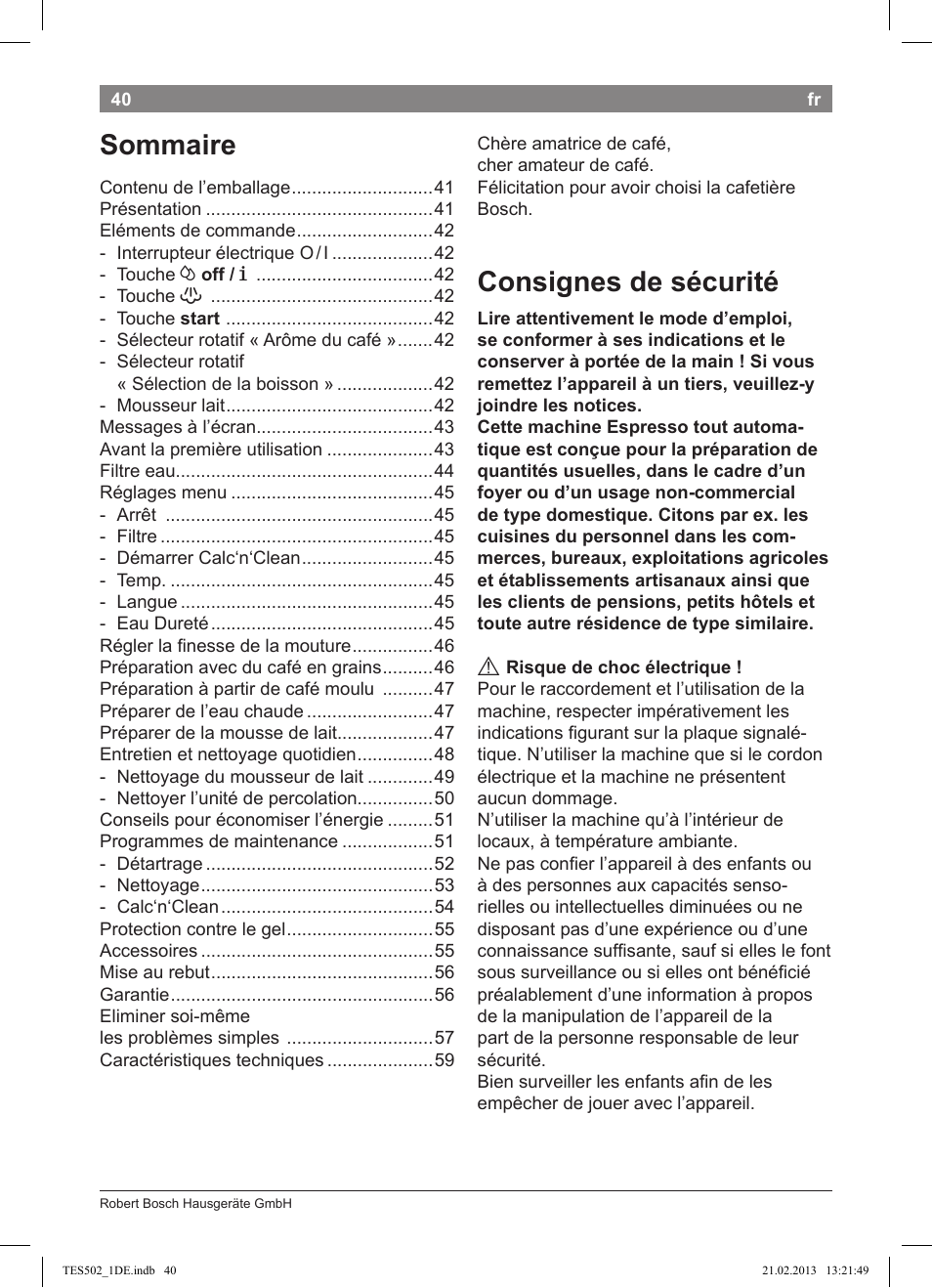 Consignes de sécurité, Sommaire | Bosch TES50251DE VeroCafe Kaffeevollautomat silber User Manual | Page 44 / 88