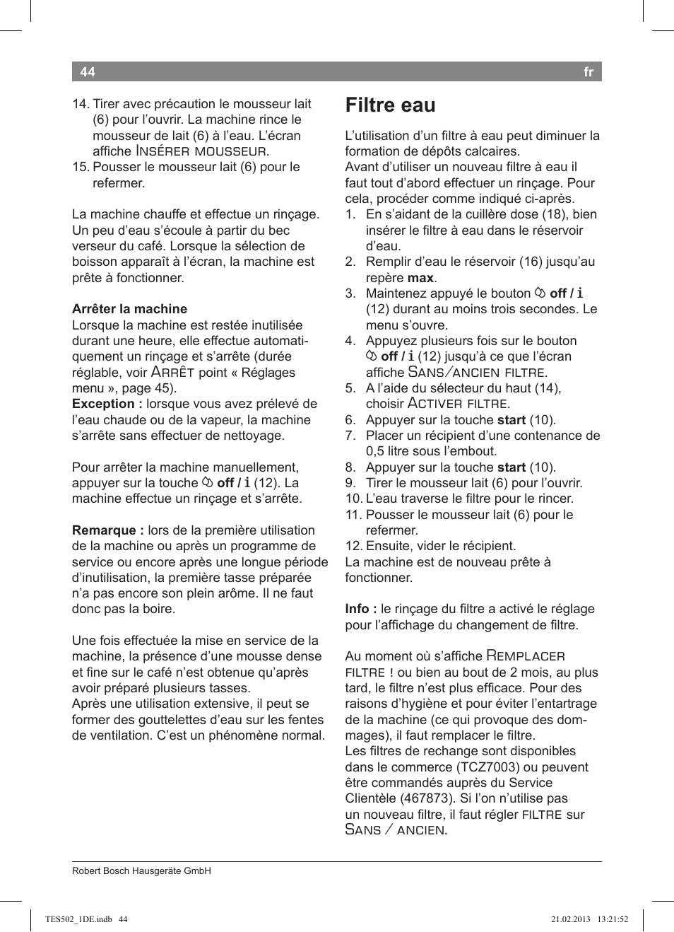 Filtre eau, Insérer mousseur, Arrêt | Sans/ancien filtre, Activer filtre, Remplacer filtre, Filtre, Sans / ancien | Bosch TES50251DE VeroCafe Kaffeevollautomat silber User Manual | Page 48 / 88