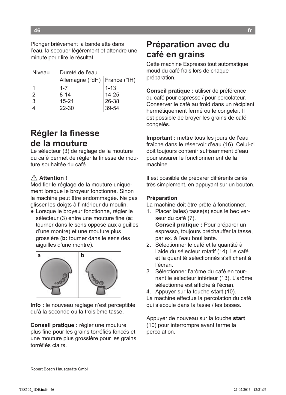 Régler la finesse de la mouture, Préparation avec du café en grains | Bosch TES50251DE VeroCafe Kaffeevollautomat silber User Manual | Page 50 / 88