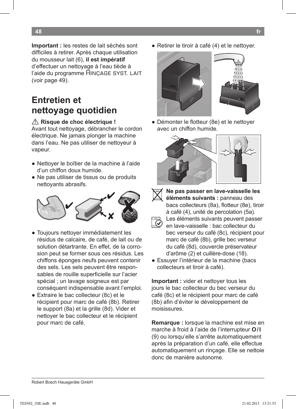 Entretien et nettoyage quotidien, Rinçage syst. lait | Bosch TES50251DE VeroCafe Kaffeevollautomat silber User Manual | Page 52 / 88