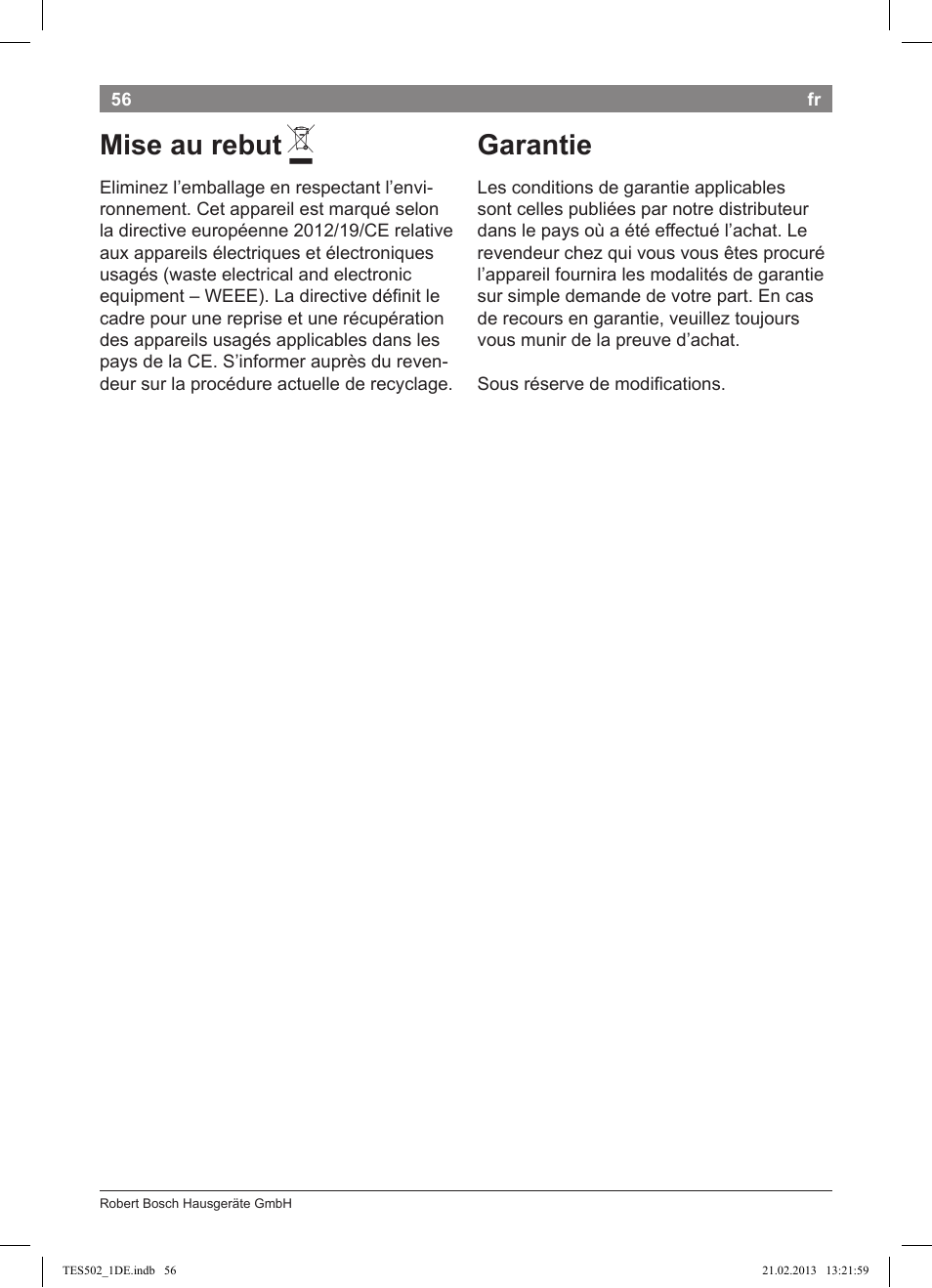 Mise au rebut, Garantie | Bosch TES50251DE VeroCafe Kaffeevollautomat silber User Manual | Page 60 / 88