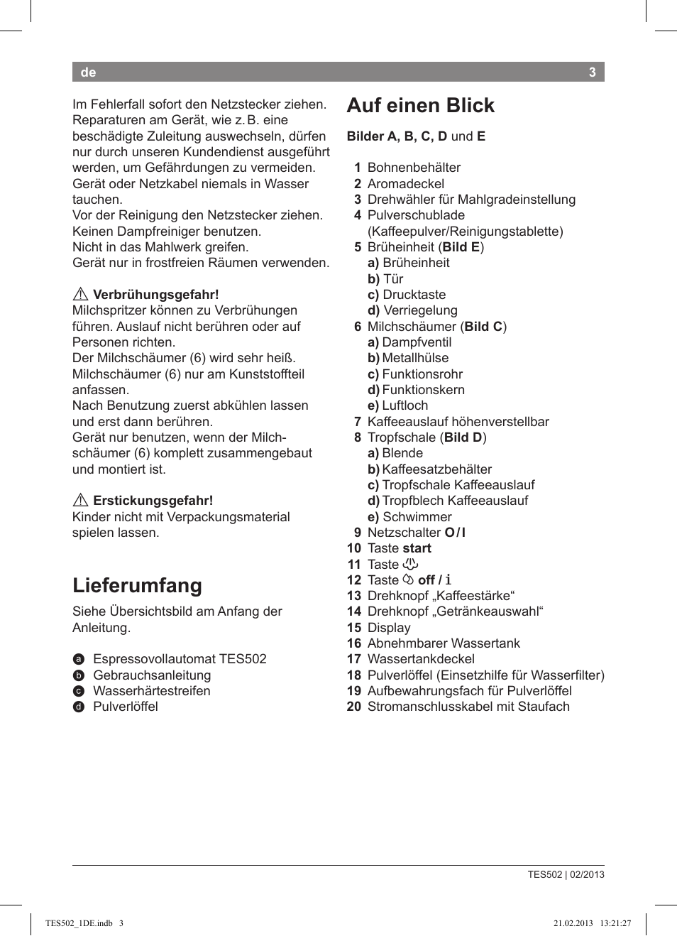 Auf einen blick, Lieferumfang | Bosch TES50251DE VeroCafe Kaffeevollautomat silber User Manual | Page 7 / 88