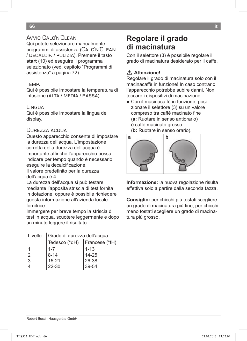 Regolare il grado di macinatura, Avvio calc‘n‘clean, Calc‘n‘clean | Decalcif, Pulizia, Temp, Alta, Media, Bassa, Lingua | Bosch TES50251DE VeroCafe Kaffeevollautomat silber User Manual | Page 70 / 88