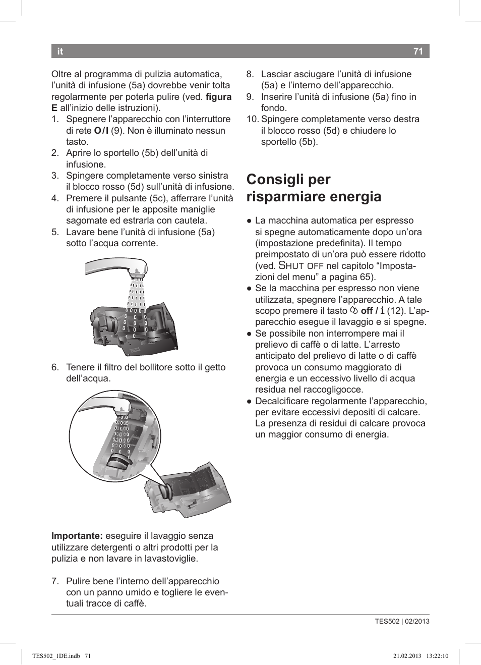 Consigli per risparmiare energia, Shut off | Bosch TES50251DE VeroCafe Kaffeevollautomat silber User Manual | Page 75 / 88