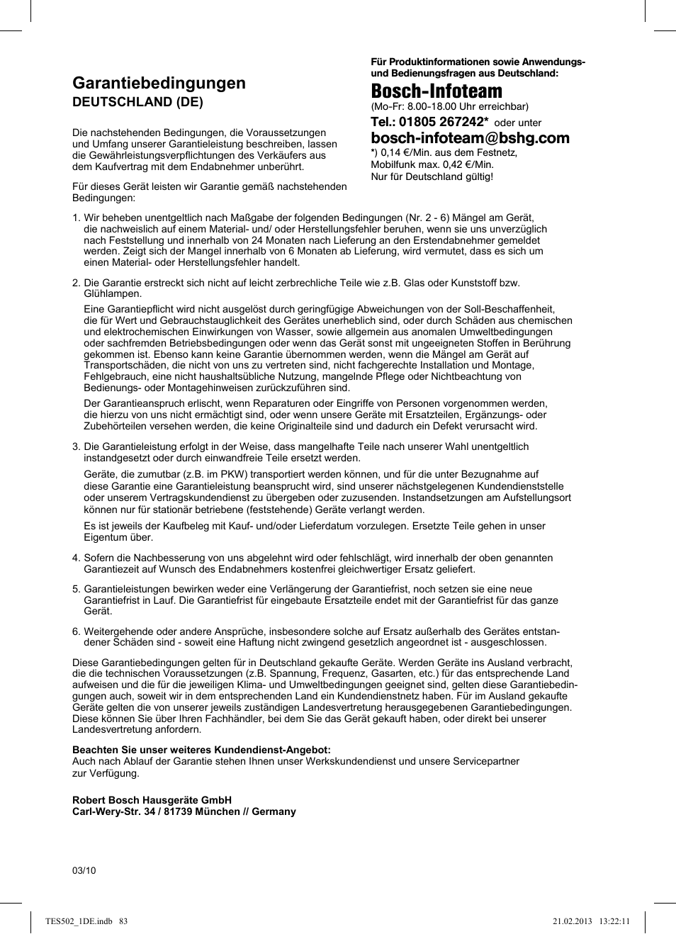 Bosch-infoteam, Garantiebedingungen | Bosch TES50251DE VeroCafe Kaffeevollautomat silber User Manual | Page 87 / 88