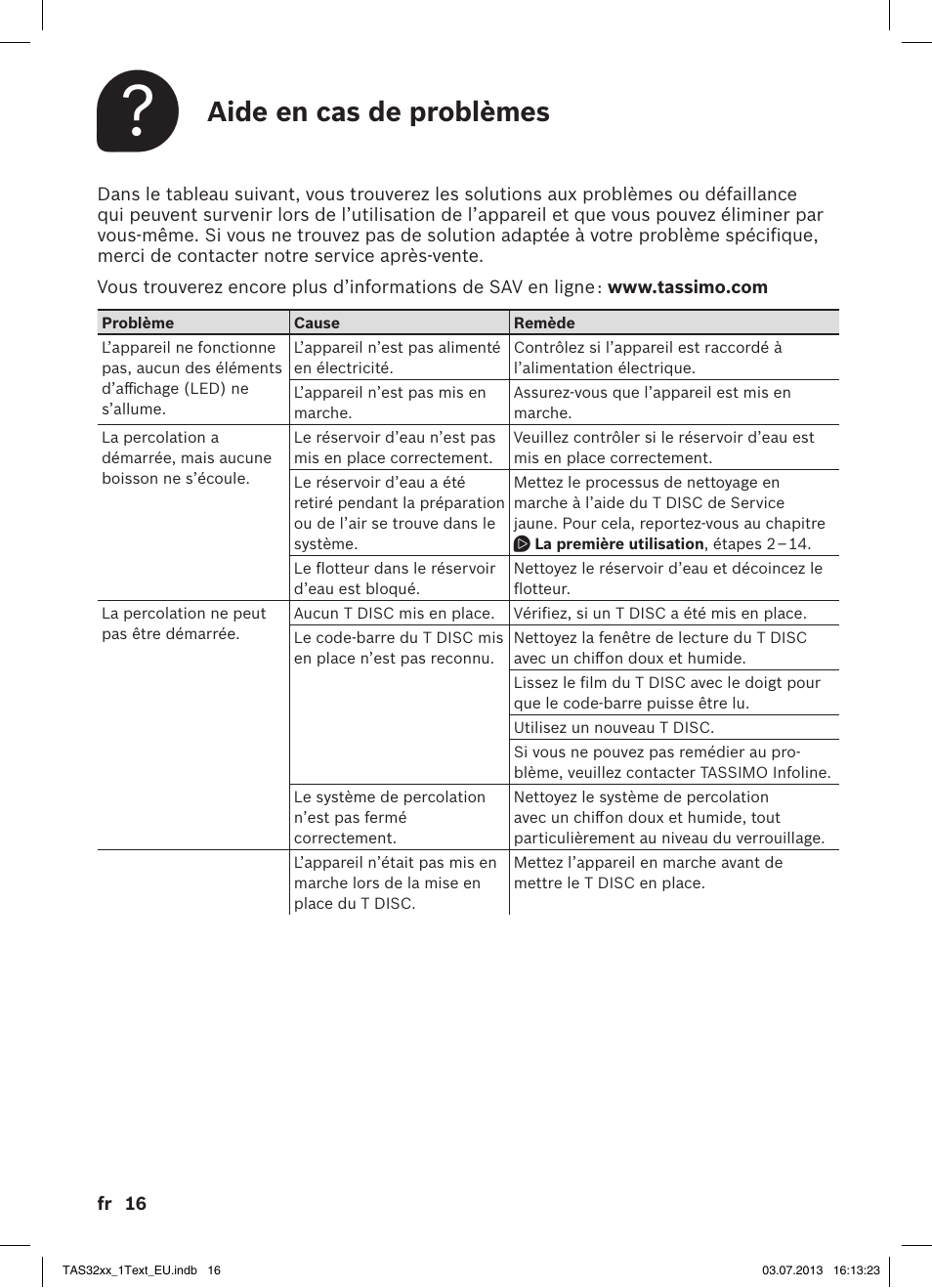 Aide en cas de problèmes | Bosch Multigetränkesystem TAS3203 Autumn Red User Manual | Page 18 / 66