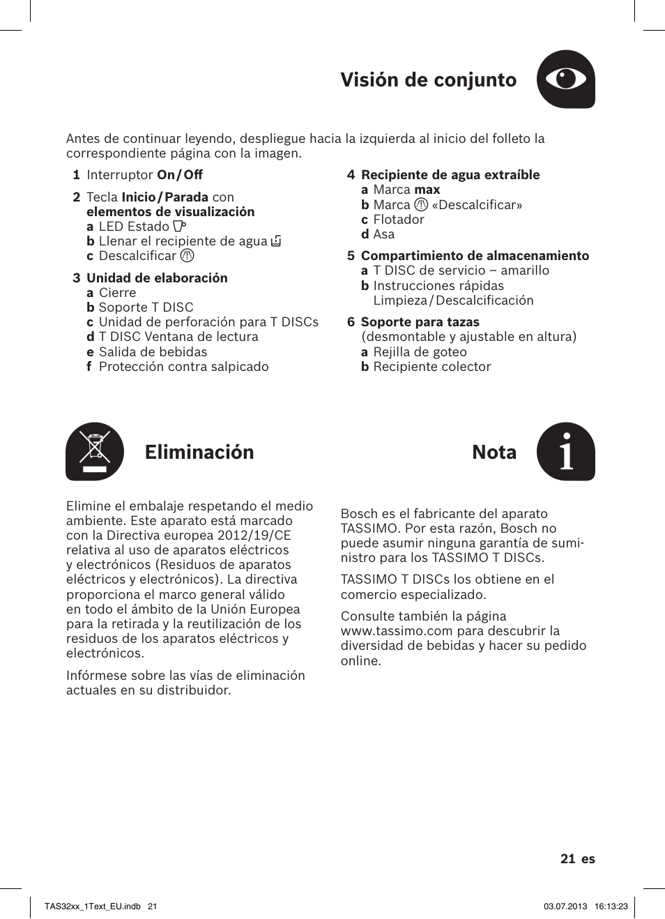 Visión de conjunto, Eliminación, Nota | Bosch Multigetränkesystem TAS3203 Autumn Red User Manual | Page 23 / 66