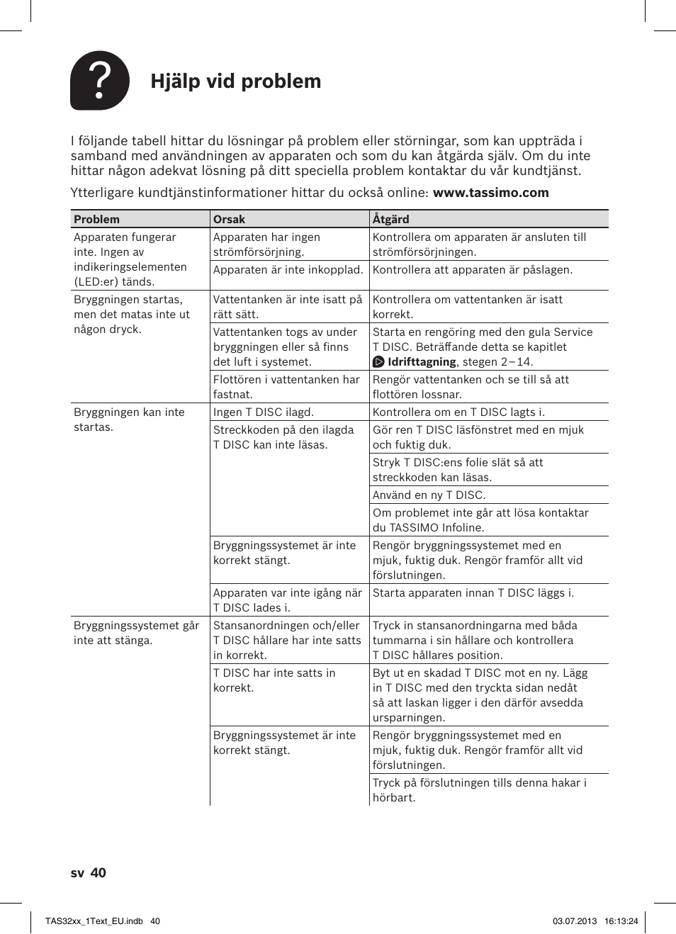 Hjälp vid problem | Bosch Multigetränkesystem TAS3203 Autumn Red User Manual | Page 42 / 66